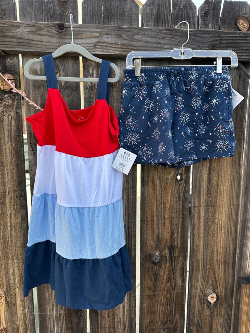 Girls Patriotic Red White & Navy Tiered Dress with Firework Print July 4th